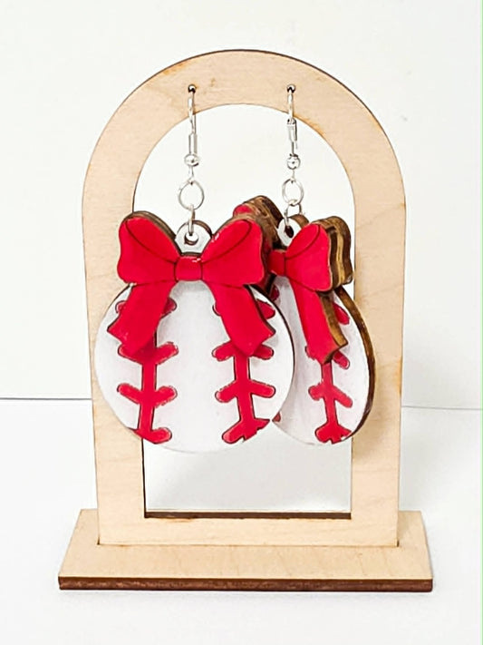 Baseball with Custom Bow Handcrafted Wood Earrings