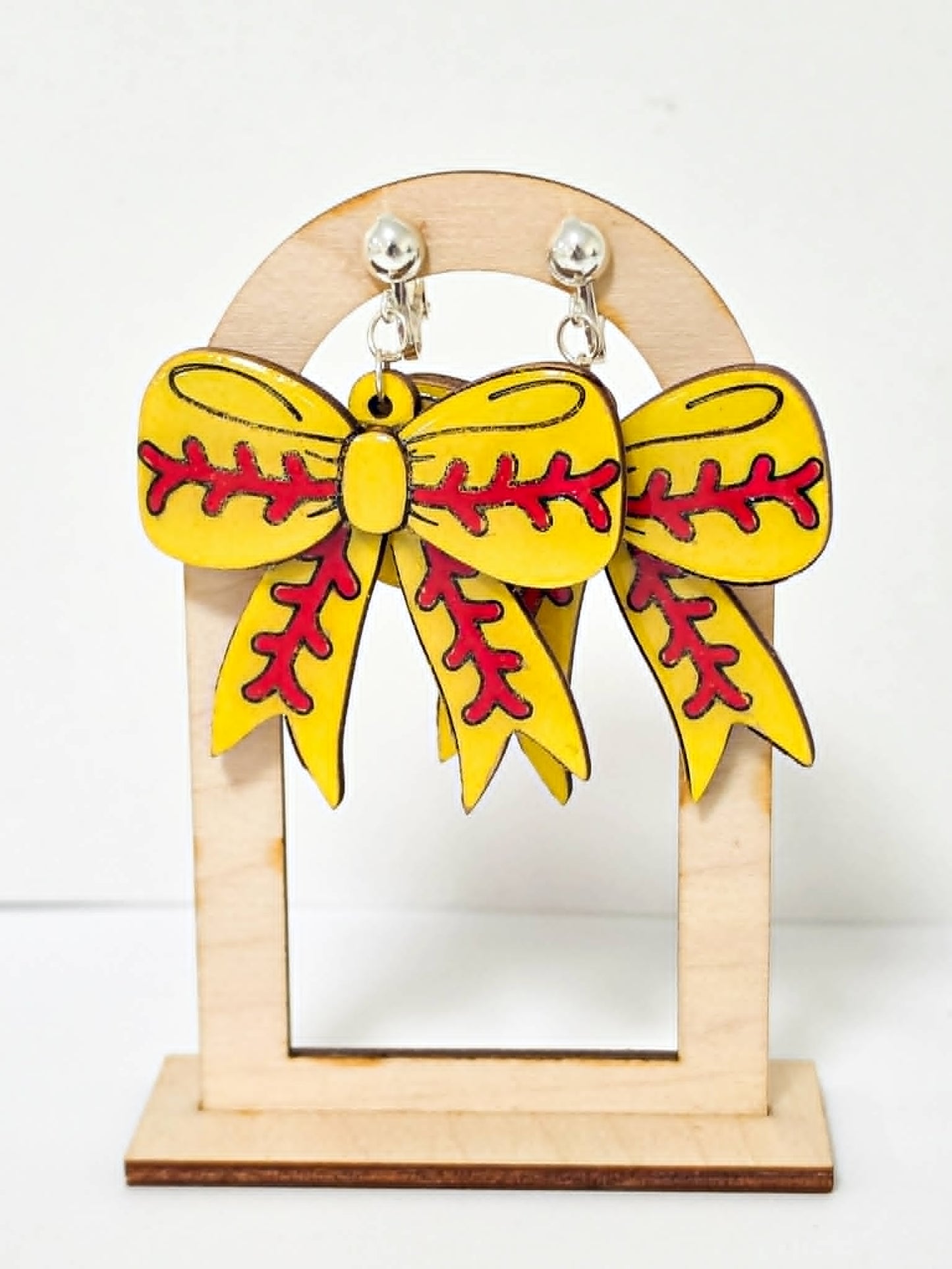 Handcrafted Wood Softball Bow Earrings