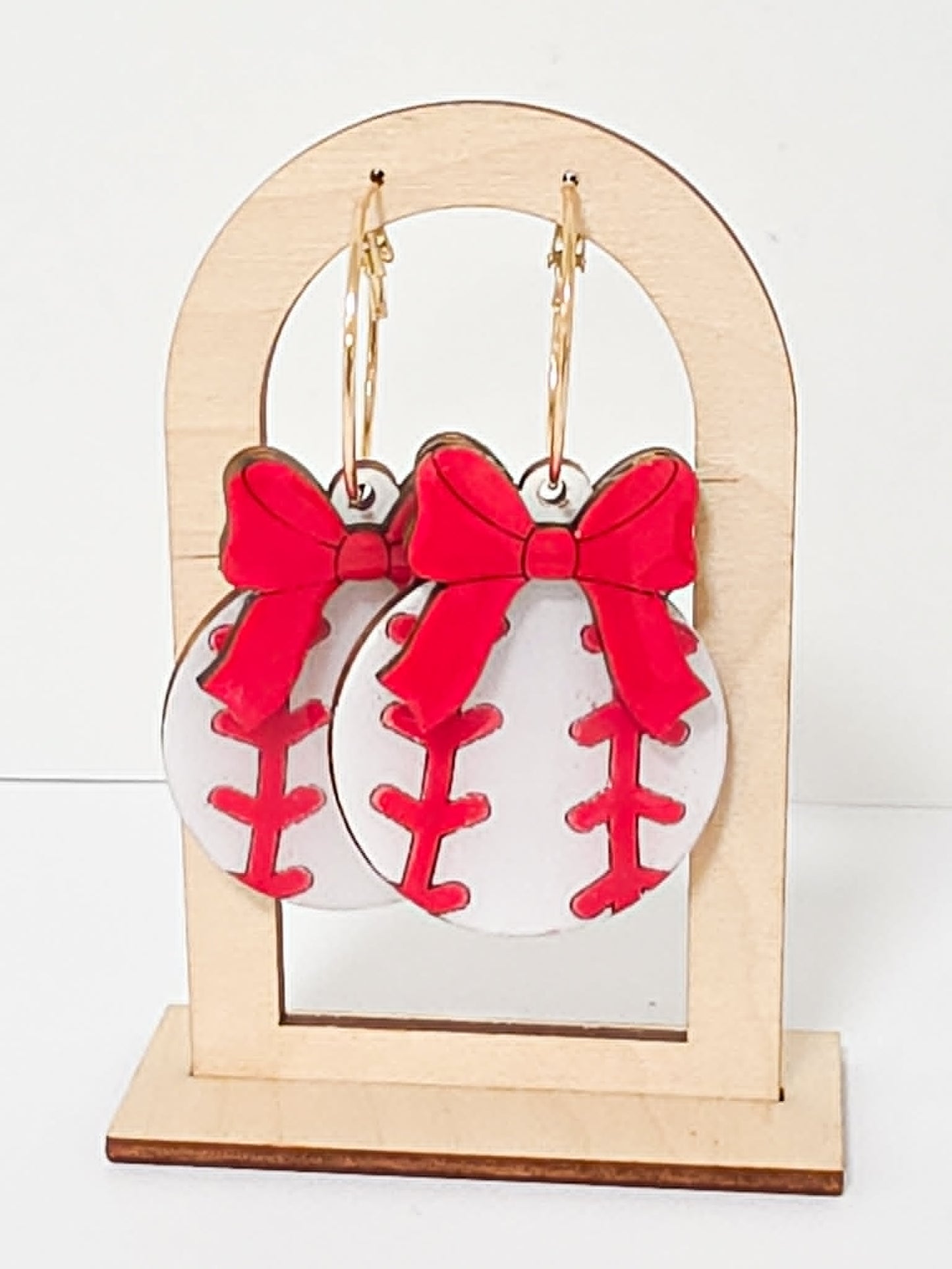 Baseball with Custom Bow Handcrafted Wood Earrings