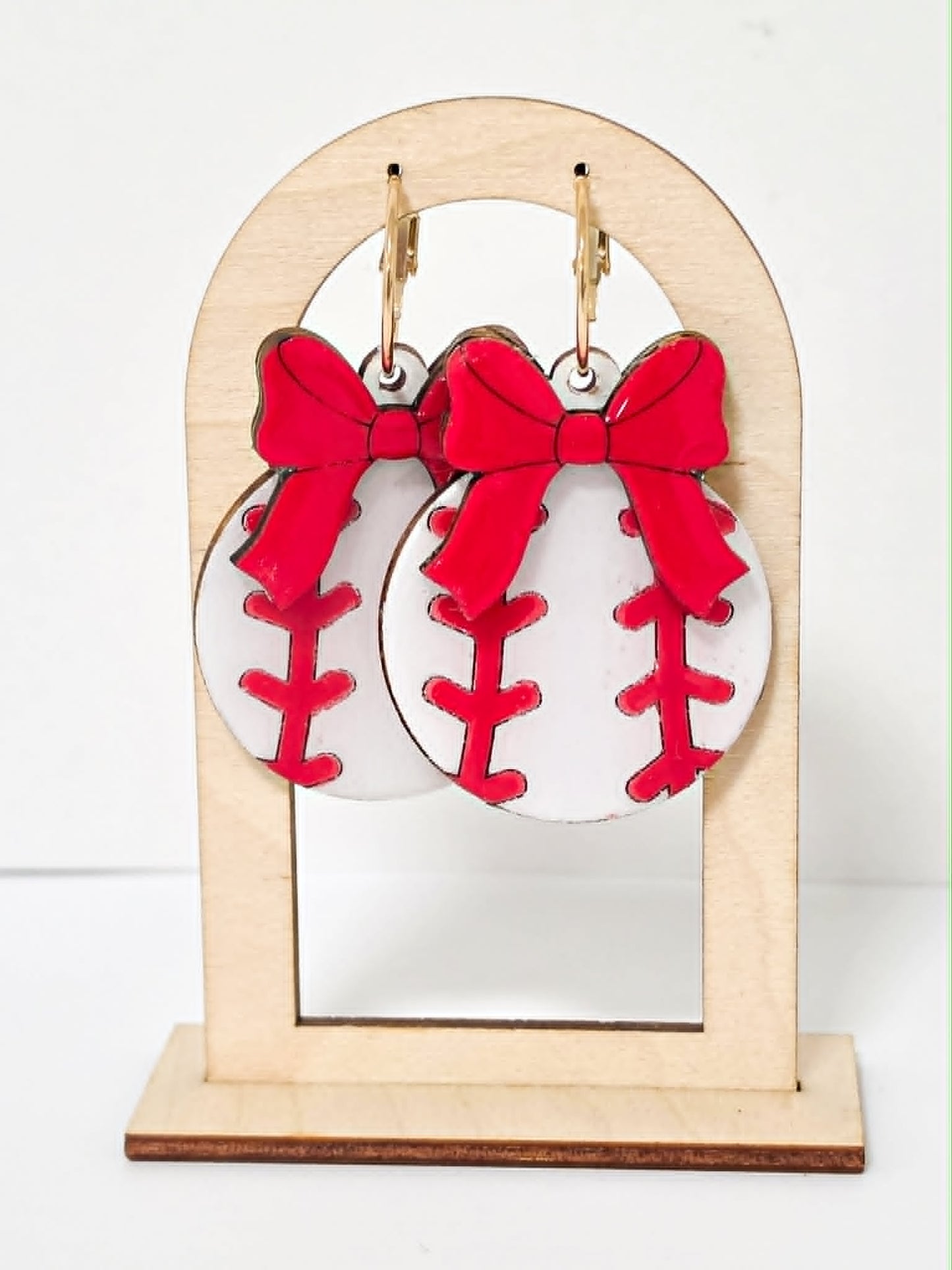 Baseball with Custom Bow Handcrafted Wood Earrings