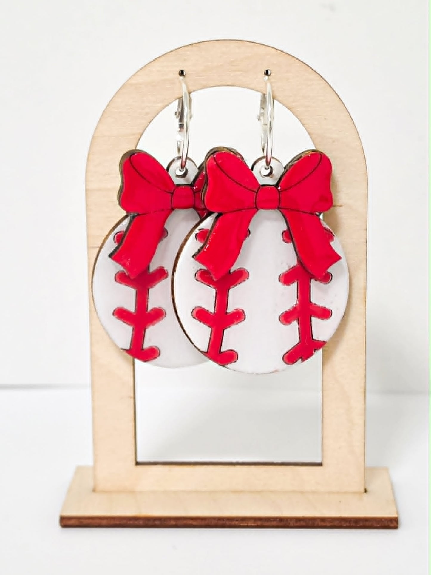 Baseball with Custom Bow Handcrafted Wood Earrings