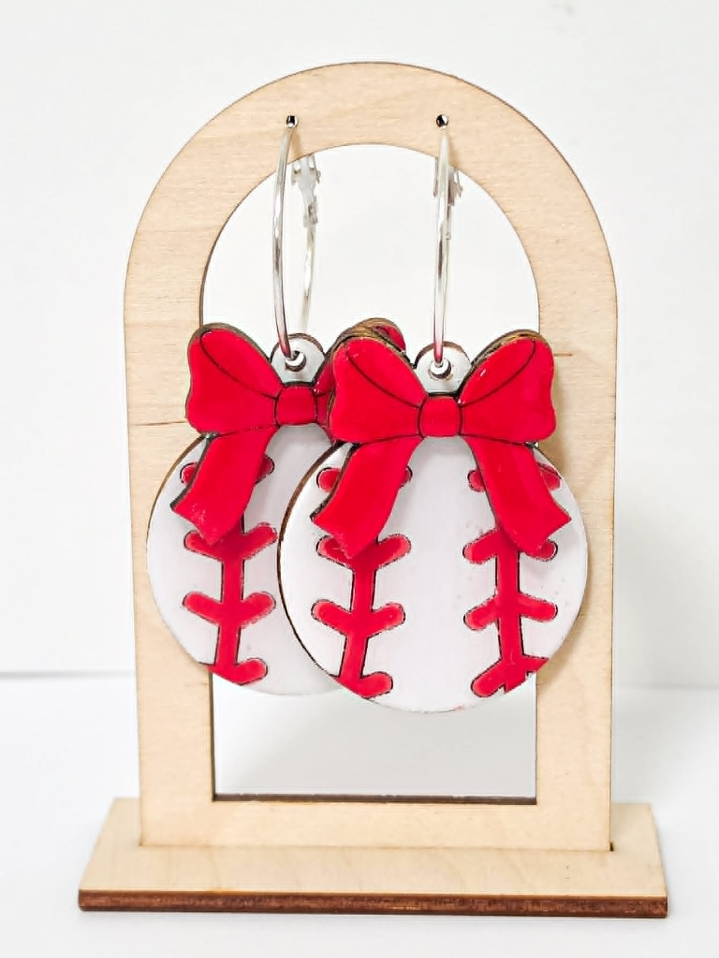 Baseball with Custom Bow Handcrafted Wood Earrings