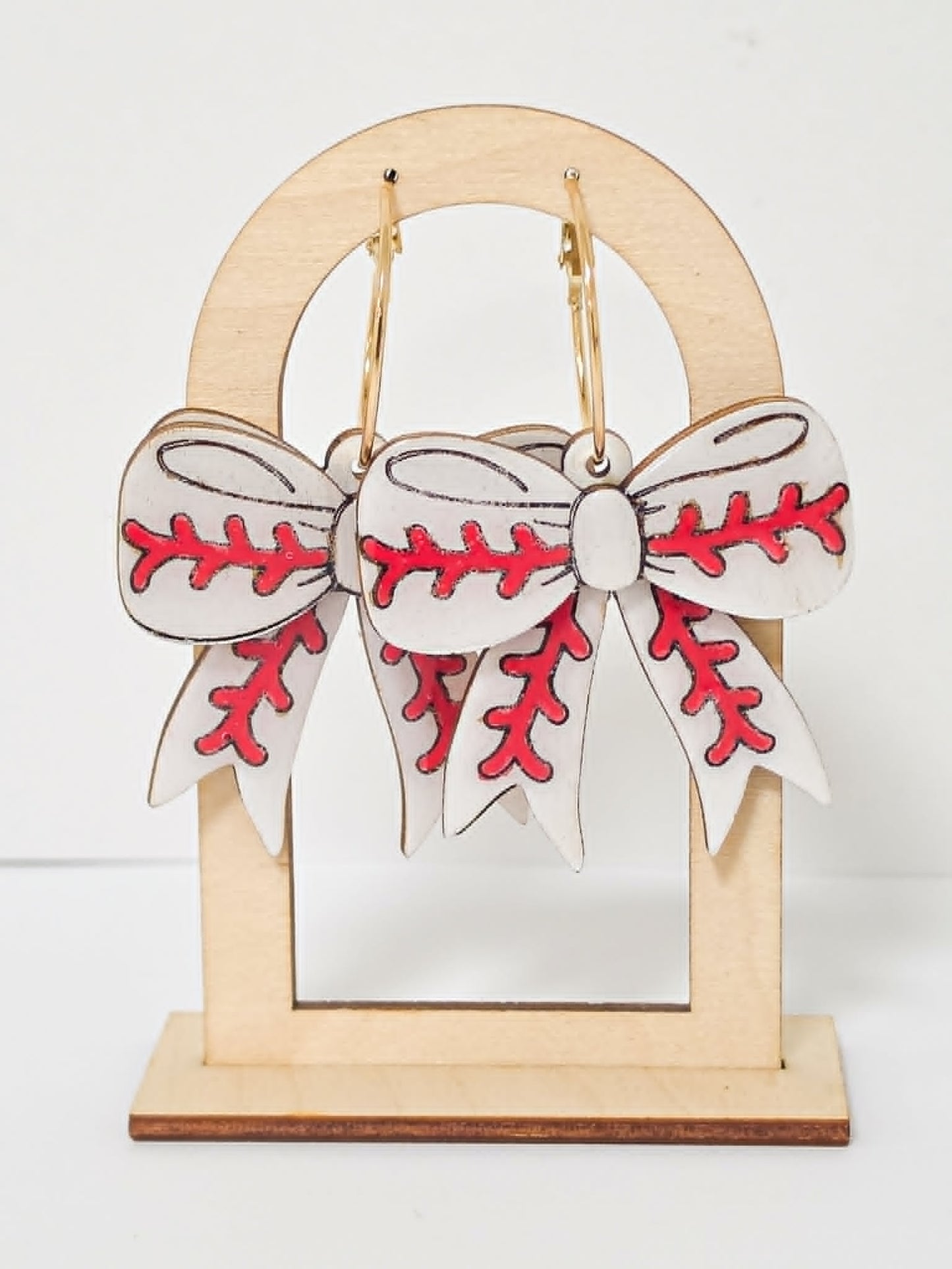 Baseball Bow Earring- handcrafted wood