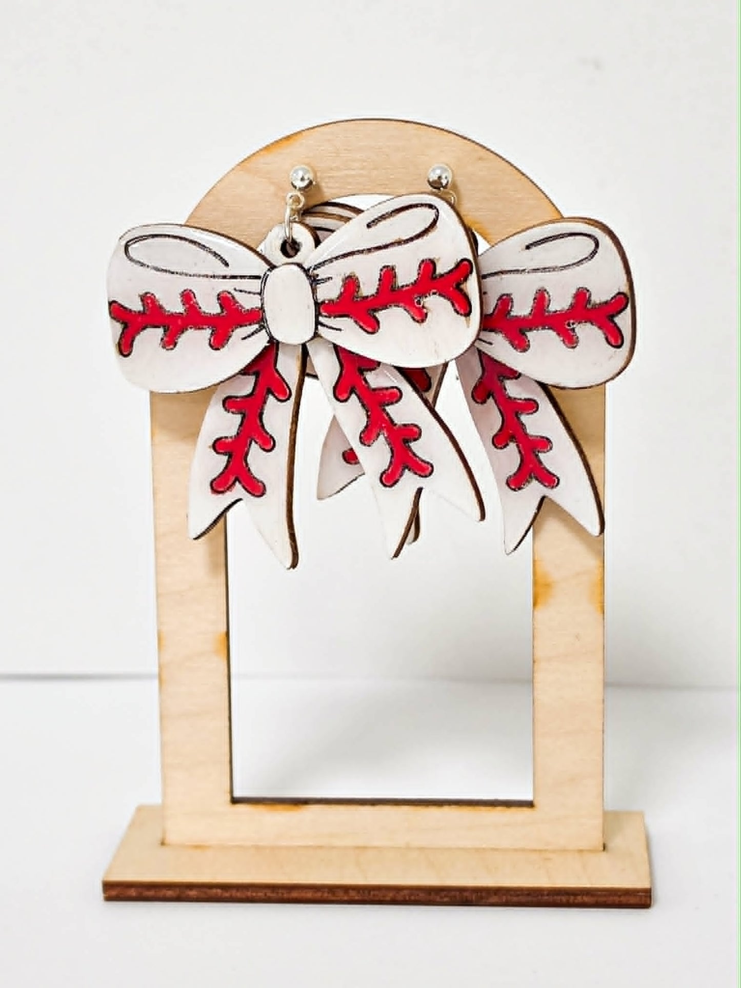 Baseball Bow Earring- handcrafted wood