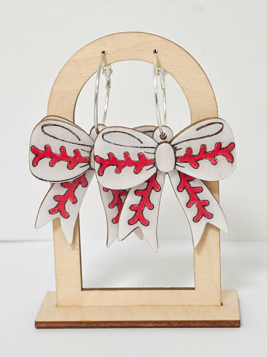 Baseball Bow Earring- handcrafted wood