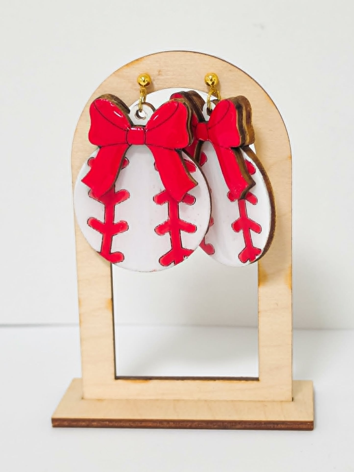 Baseball with Custom Bow Handcrafted Wood Earrings