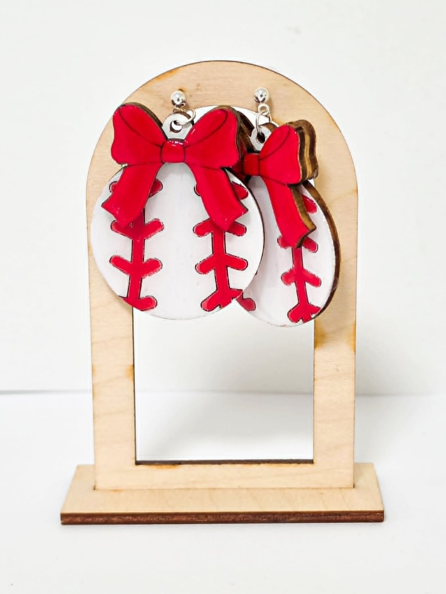 Baseball with Custom Bow Handcrafted Wood Earrings