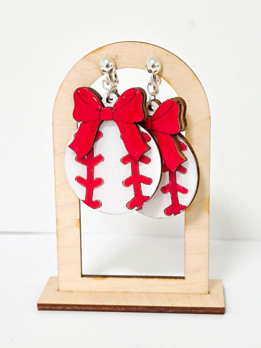 Baseball with Custom Bow Handcrafted Wood Earrings