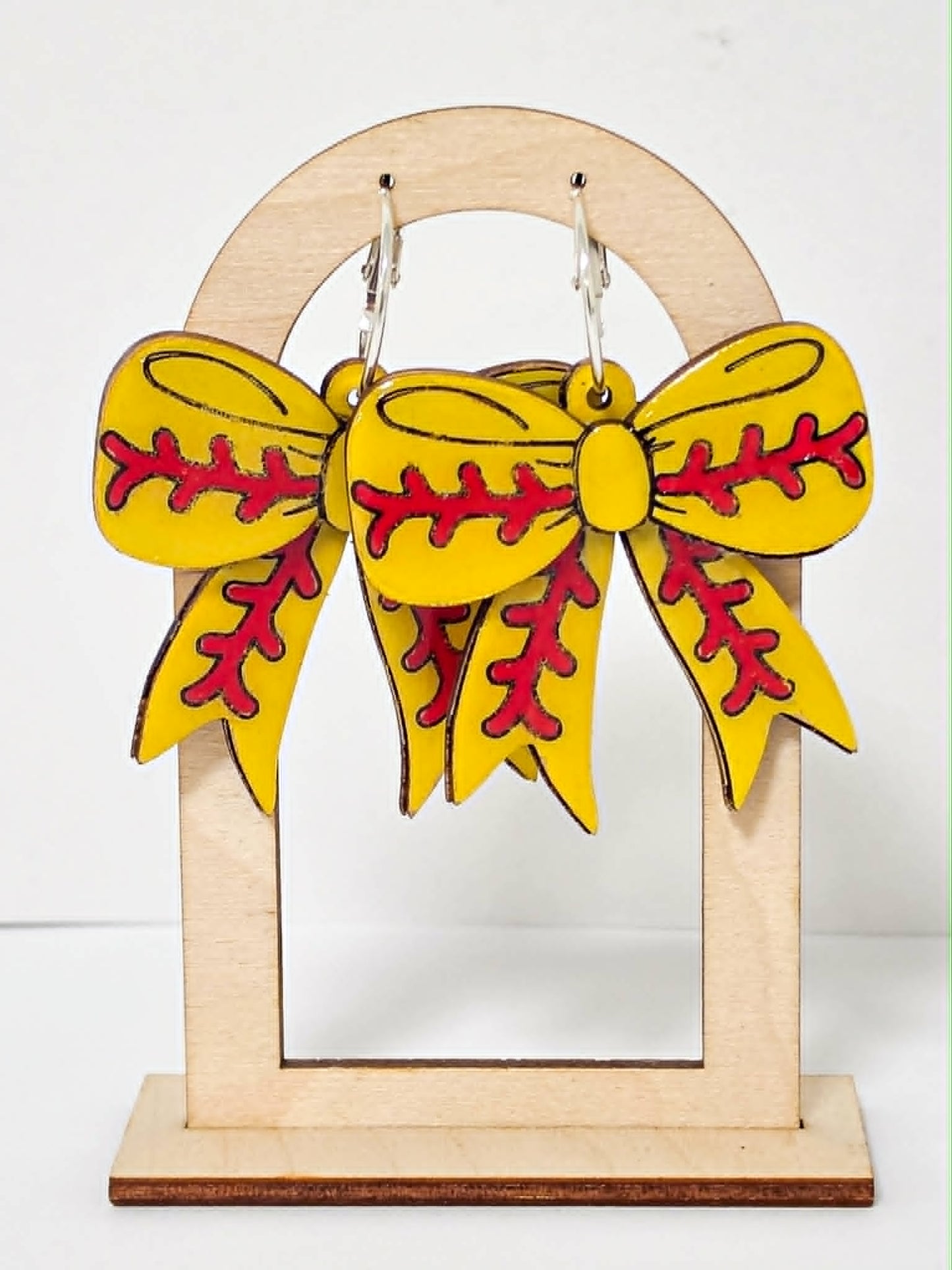 Handcrafted Wood Softball Bow Earrings