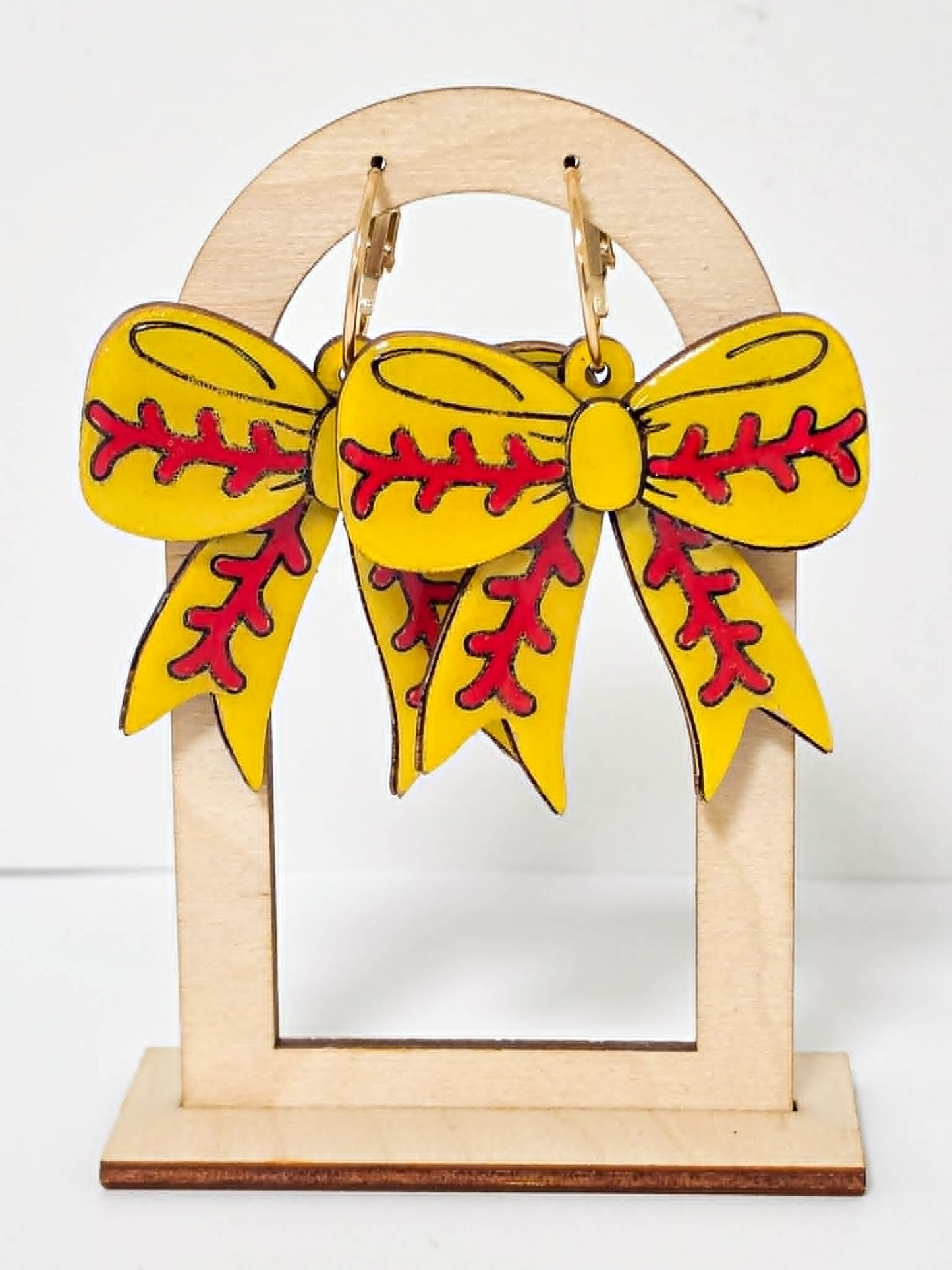Handcrafted Wood Softball Bow Earrings
