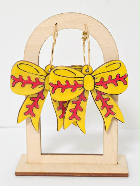 Handcrafted Wood Softball Bow Earrings