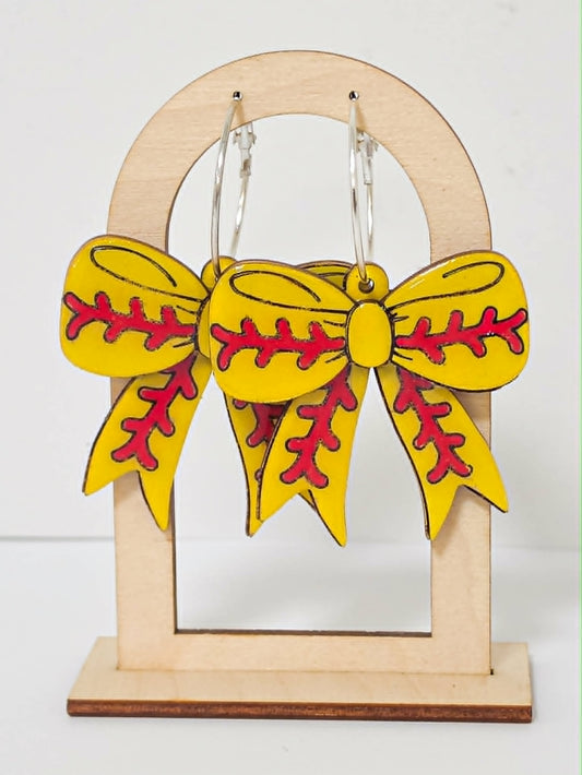 Handcrafted Wood Softball Bow Earrings