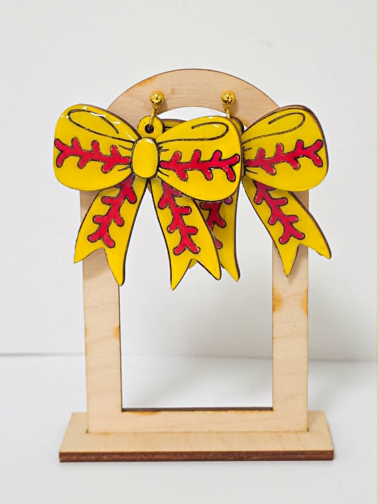 Handcrafted Wood Softball Bow Earrings