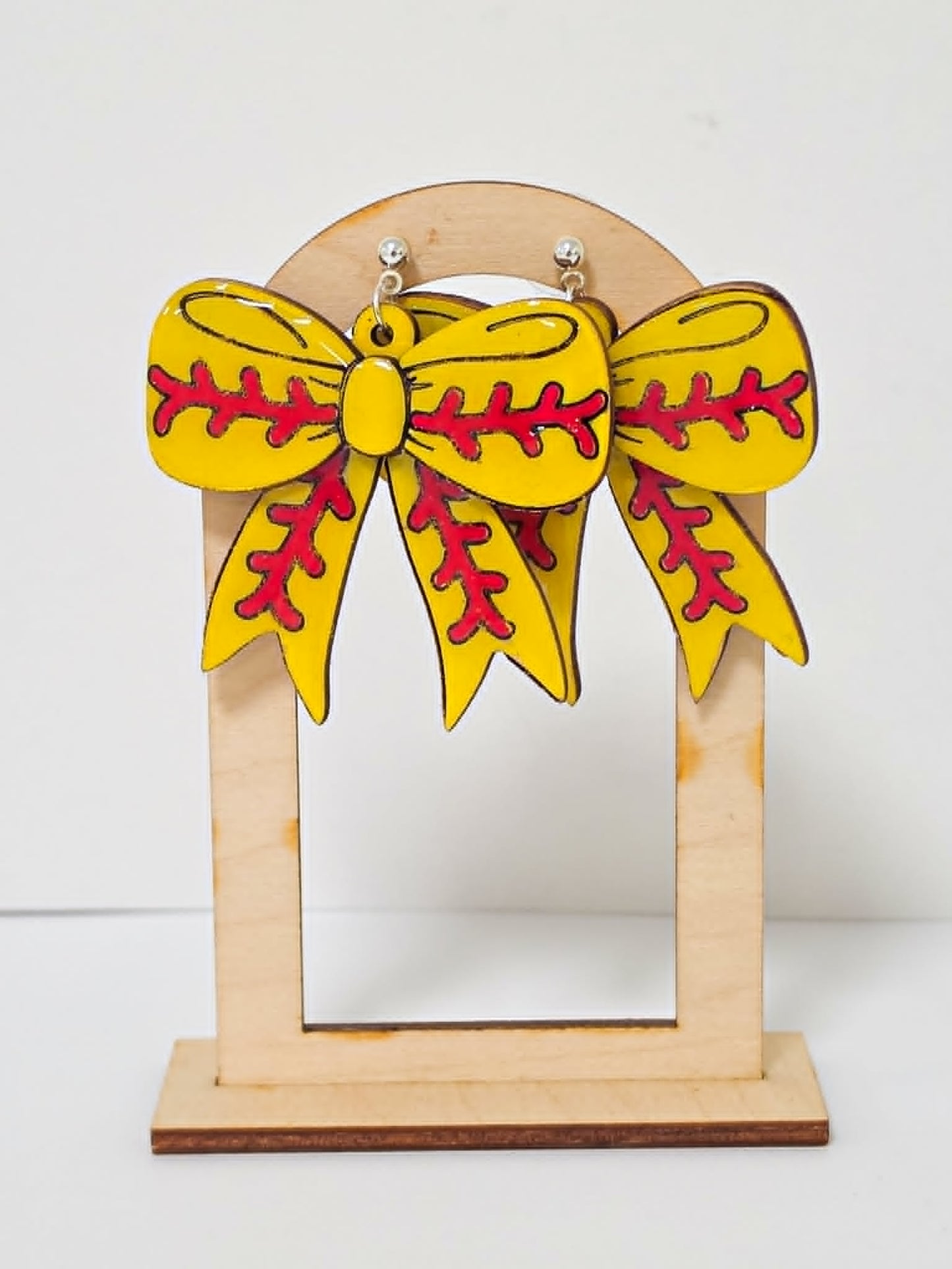 Handcrafted Wood Softball Bow Earrings
