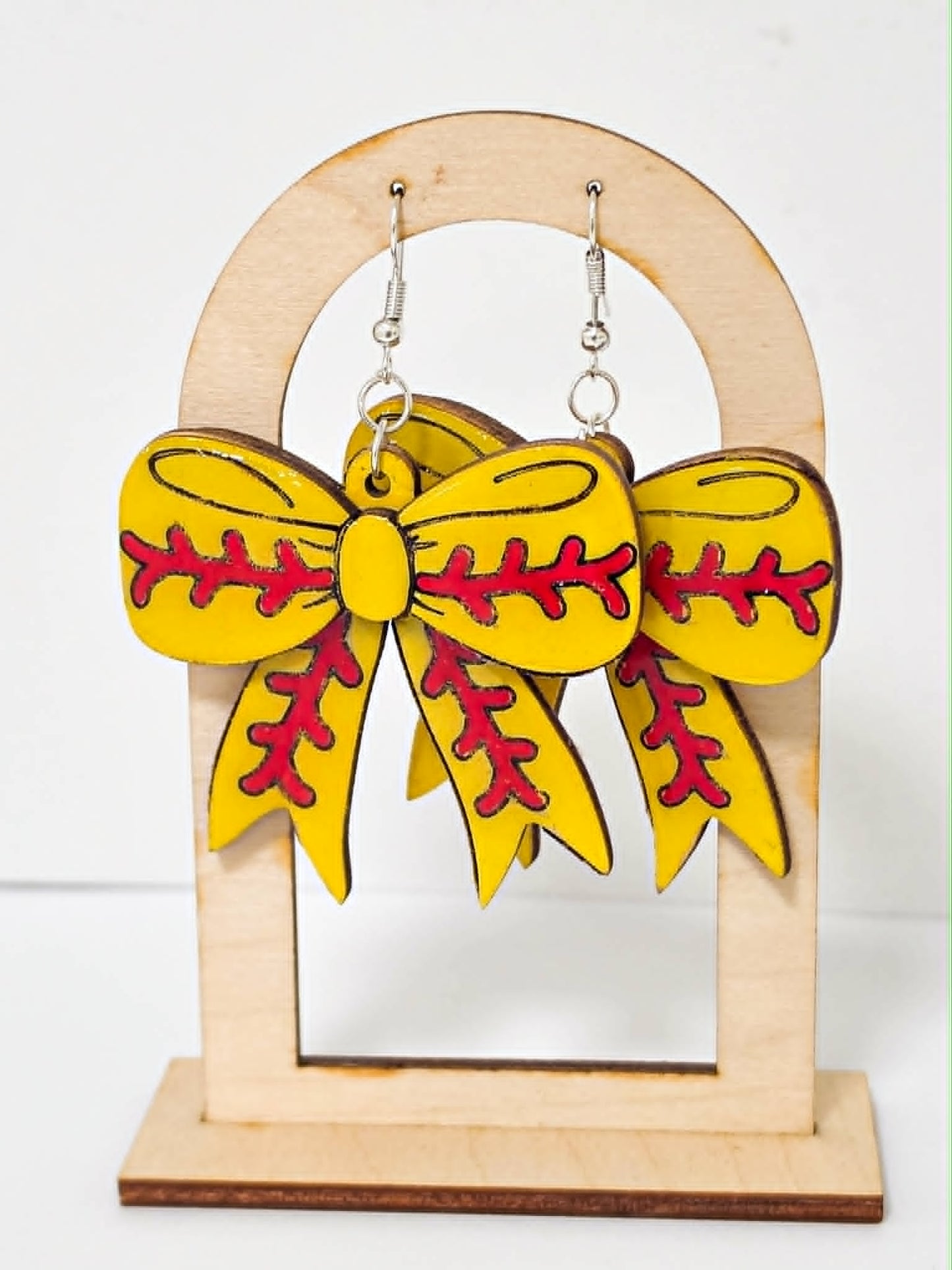 Handcrafted Wood Softball Bow Earrings